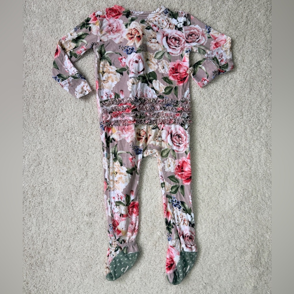 Posh Peanut Floral Footie Ruffled Zippered One Piece in Pink, Green, & Grey - Picture 9 of 12